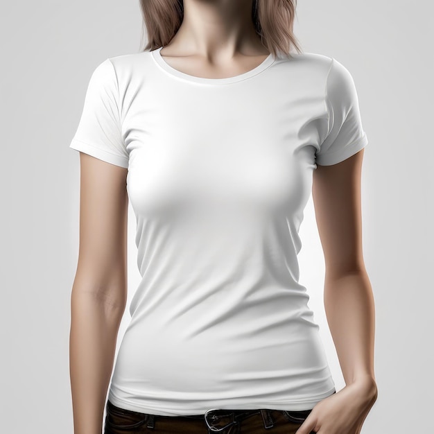 Una mujer con una camiseta blanca.