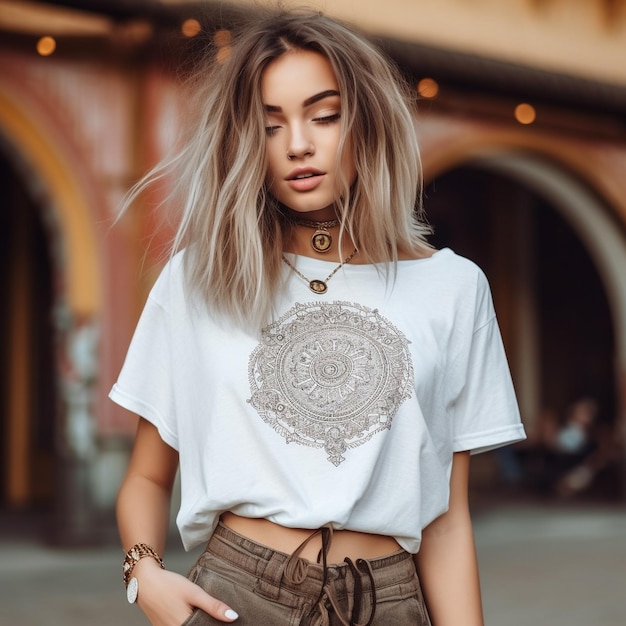 Una mujer con una camiseta con un diseño en la parte delantera.