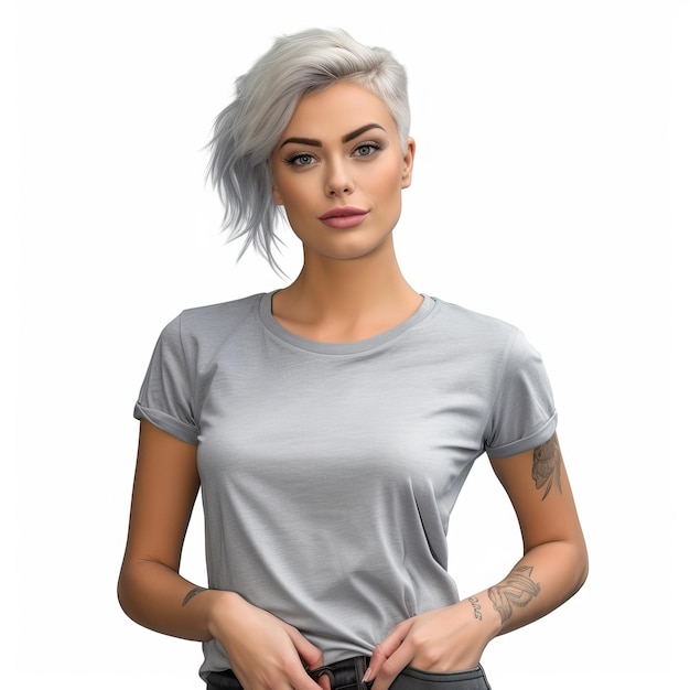 Foto una mujer con una camiseta gris con un cinturón negro.