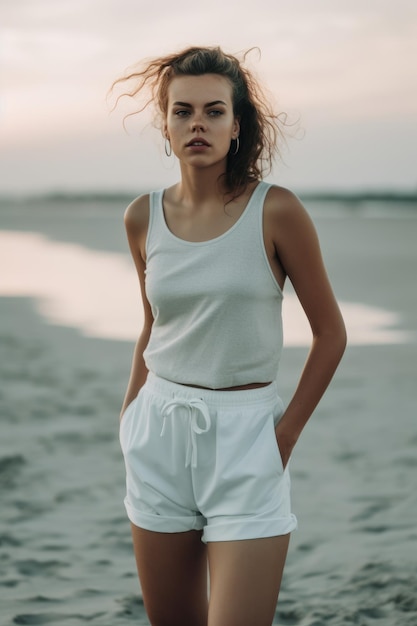 Una mujer con una camiseta sin mangas blanca y pantalones cortos blancos se encuentra en una playa.