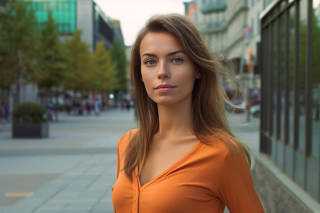 Una mujer con una camiseta naranja se encuentra frente a un edificio con un cartel que dice "natural".