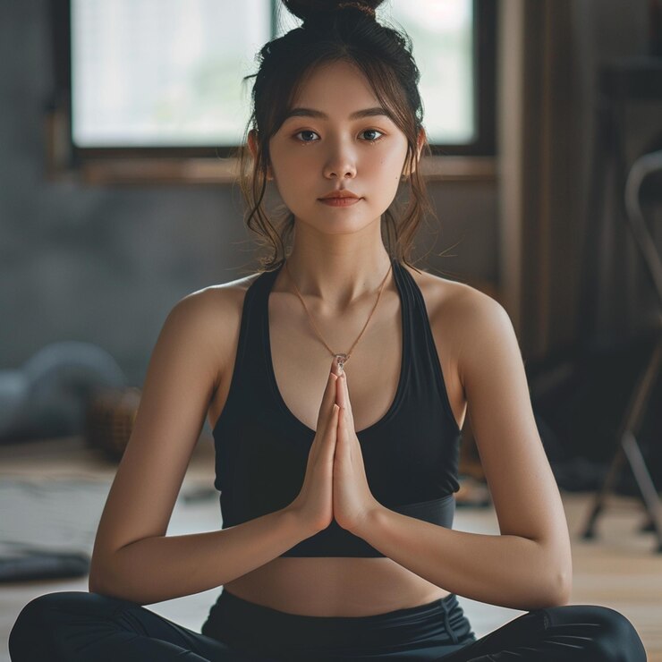 una mujer con una camiseta negra está haciendo yoga
