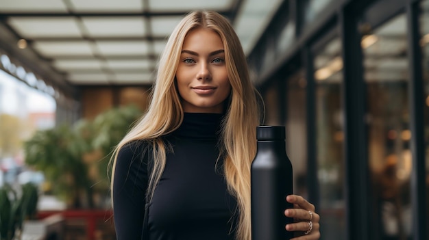 Mujer con camiseta negra sosteniendo una botella negra