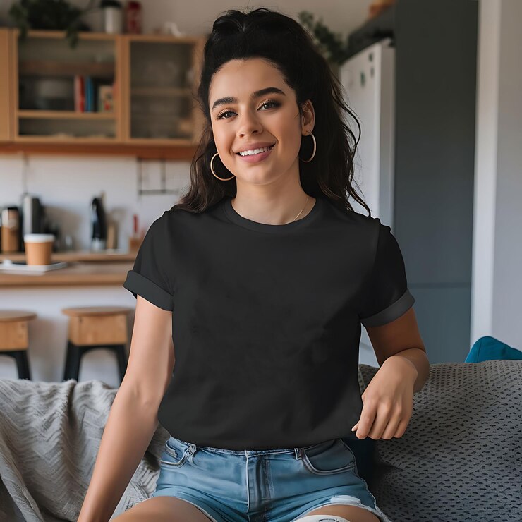 una mujer con una camiseta negra.