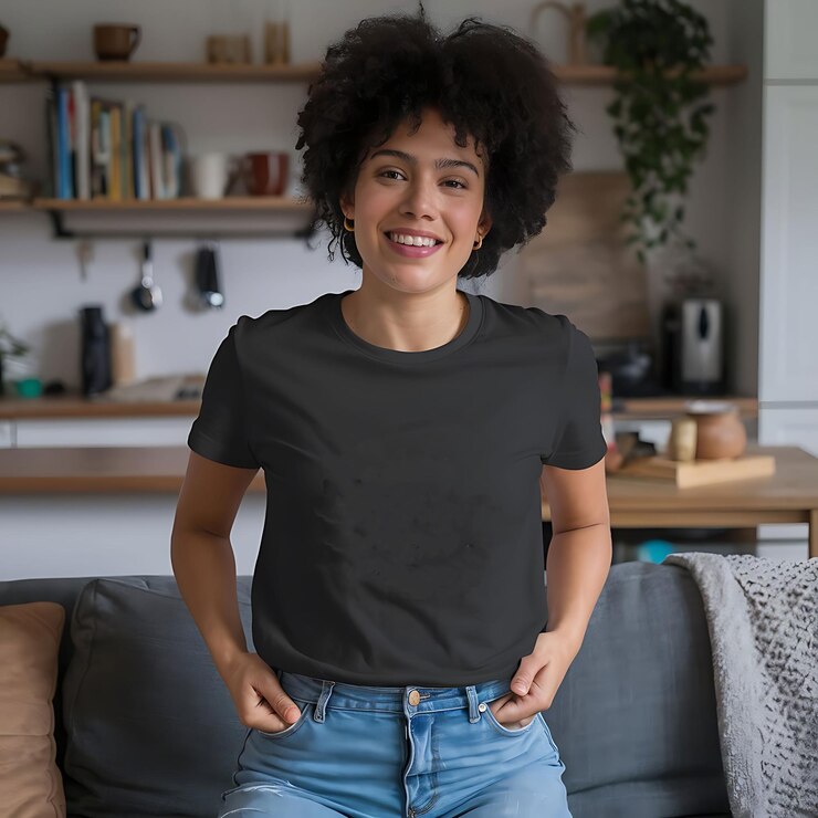 una mujer con una camiseta negra.