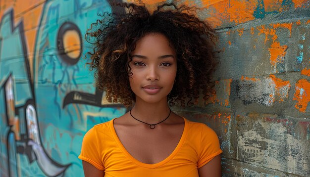 una mujer con una camiseta de pie al lado de graffiti en el estilo del movimiento de artes negras graciosas poses de ámbar oscuro y bronce generativa AI