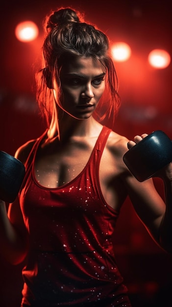 Una mujer con una camiseta roja con dos pesas frente a un fondo rojo.