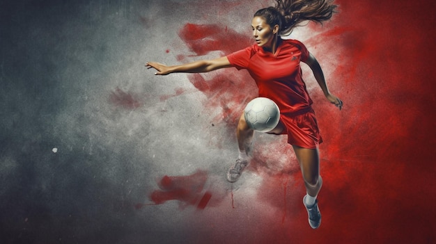 Una mujer con una camiseta roja patea una pelota de fútbol.