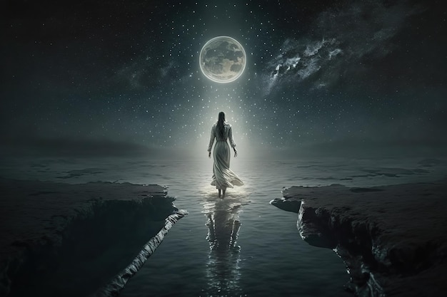 Mujer en camisón de noche caminando en el agua iluminada por la luz de la luna IA generativa