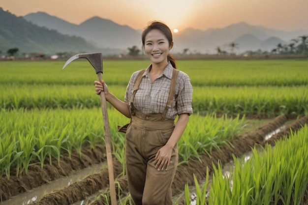 Mujer campesina feliz en el campo de arroz