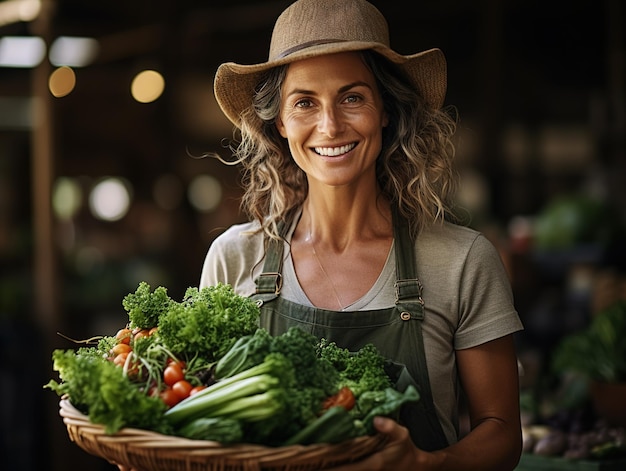 Mujer campesina feliz sosteniendo una canasta de verduras recién cortadas y sonriendo Generativo ai