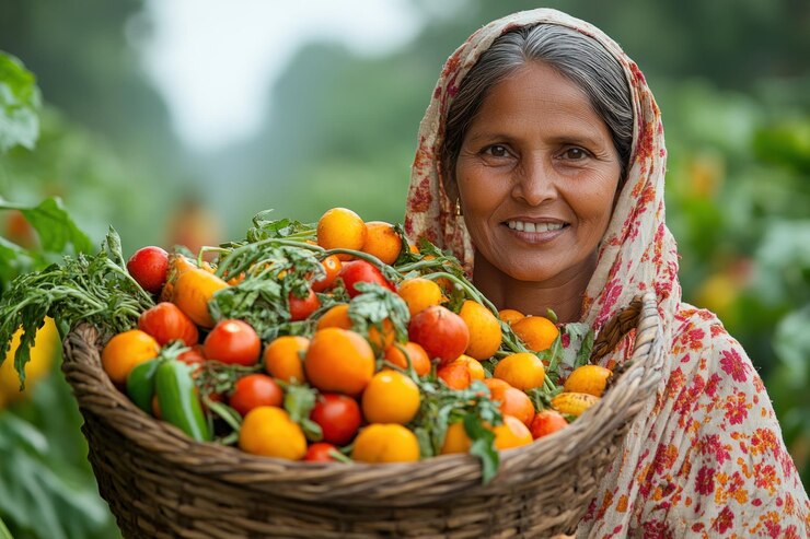 Una mujer campesina sonriente con una canasta de tomates frescos
