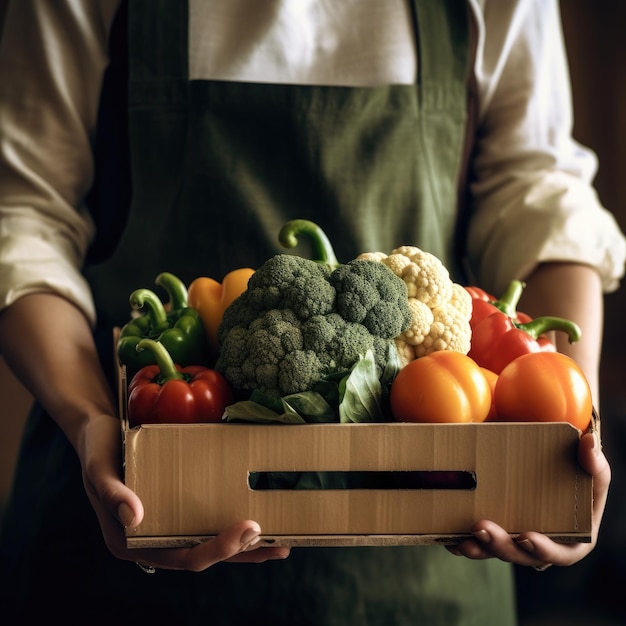 Mujer campesina sosteniendo una caja de madera llena de verduras crudas frescas IA generativa