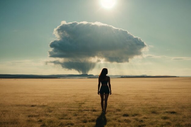 Foto mujer entre el campo al anochecer vista trasera