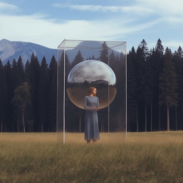 Una mujer se para en un campo con una burbuja gigante frente a ella.