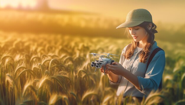 Mujer en un campo con un dron