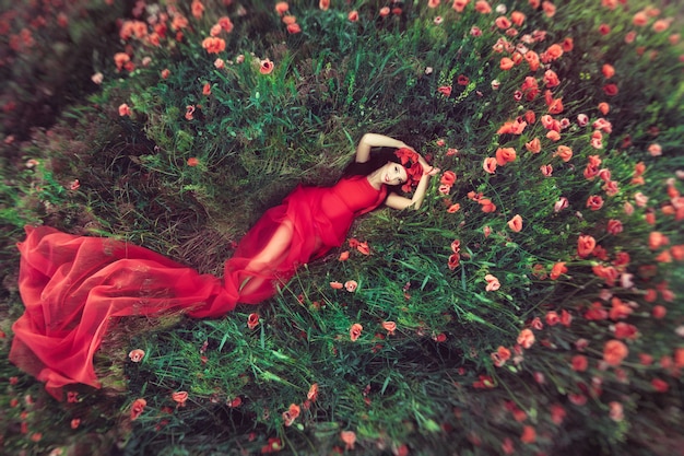 Mujer en campo de flores de amapola en verano