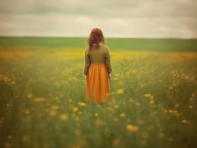 una mujer en un campo de flores amarillas con una mujer con un vestido amarillo.