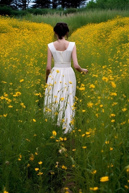 una mujer en un campo de flores amarillas