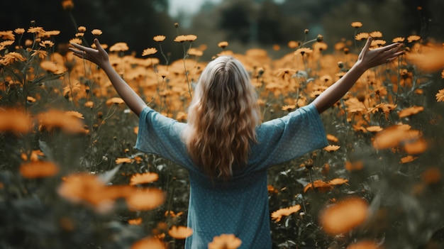 Una mujer en un campo de flores con los brazos extendidos