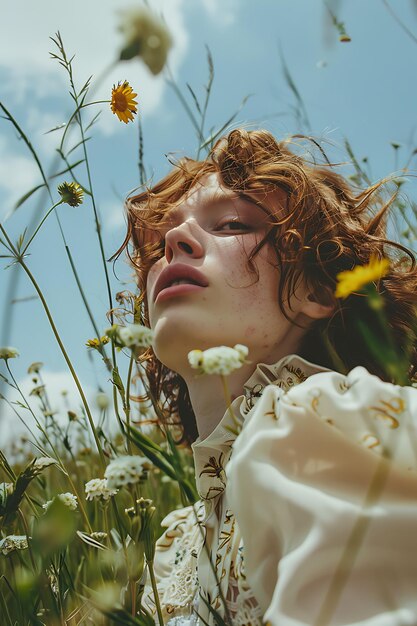 una mujer en un campo de flores con un fondo de cielo