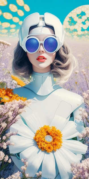 Una mujer en un campo de flores con gafas de sol.