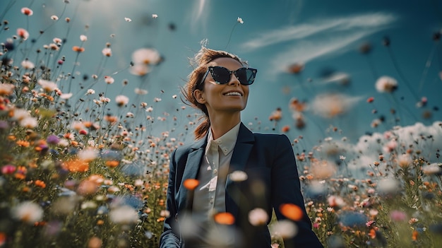 Una mujer en un campo de flores IA generativa