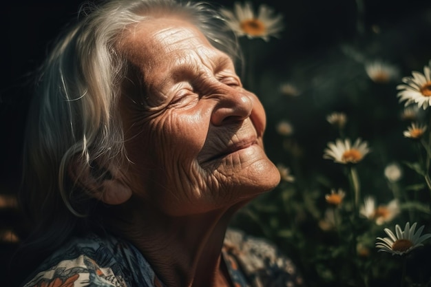 Una mujer en un campo de flores mira hacia el cielo.