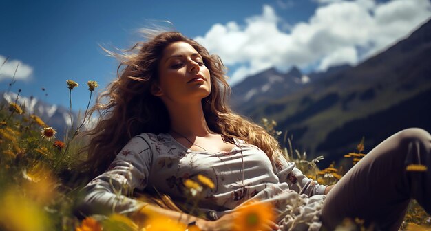 Una mujer en un campo de flores con montañas al fondo.