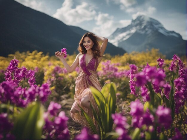 una mujer en un campo de flores con montañas en el fondo.