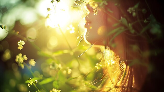 una mujer en un campo de flores con el sol detrás de ella