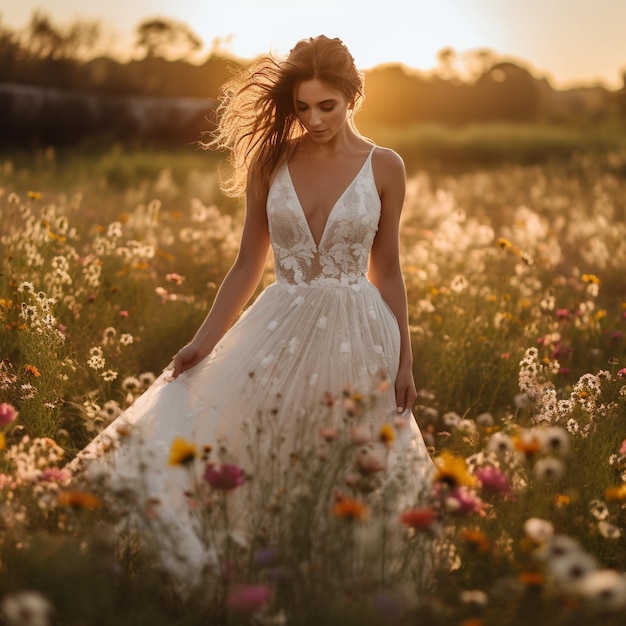 una mujer en un campo de flores con el sol poniéndose detrás de ella