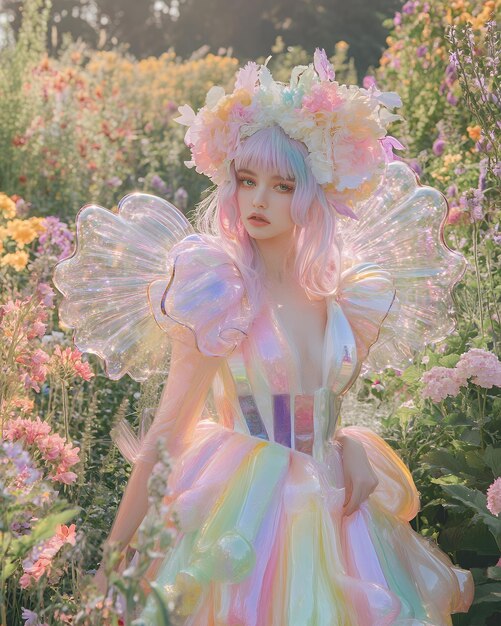 una mujer en un campo de flores con un sombrero de color arco iris
