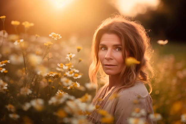 una mujer en un campo de flores