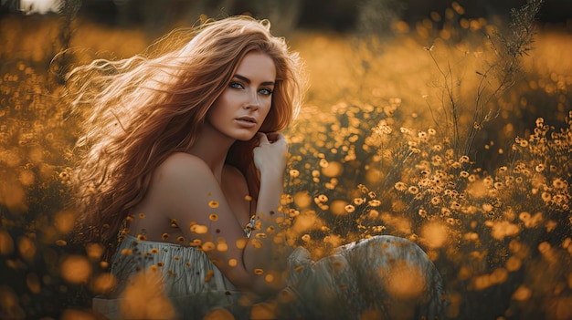 una mujer en un campo de flores