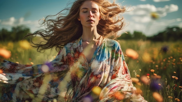 una mujer en un campo de flores