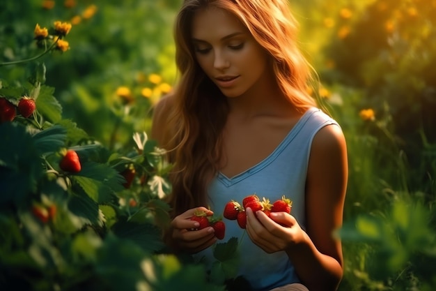 Una mujer en un campo de fresas.