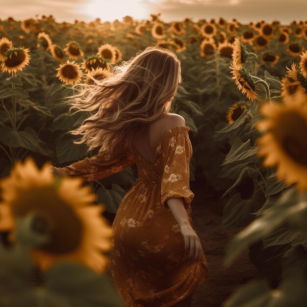 una mujer en un campo de girasol con el sol detrás de ella