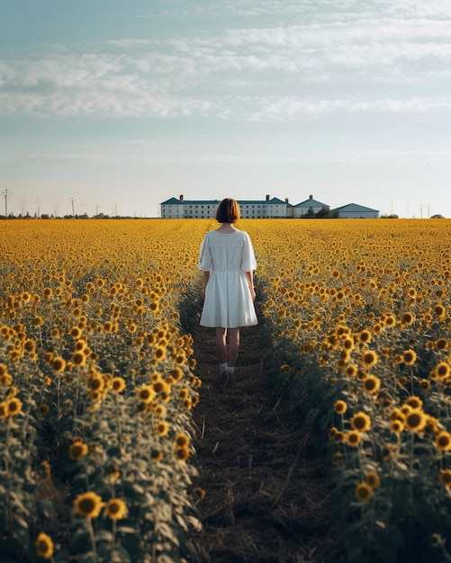 una mujer en un campo de girasoles con un edificio al fondo.