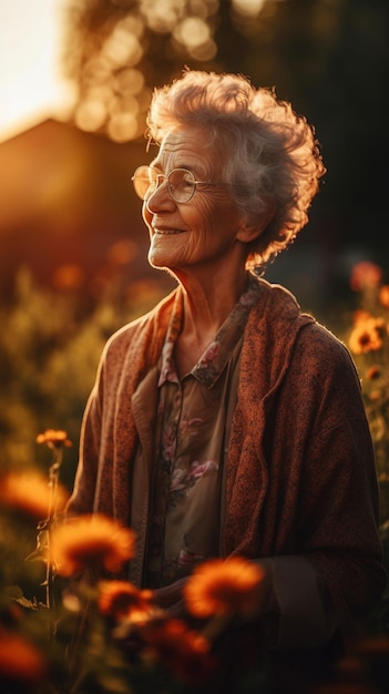 Una mujer en un campo de girasoles mira a la cámara.