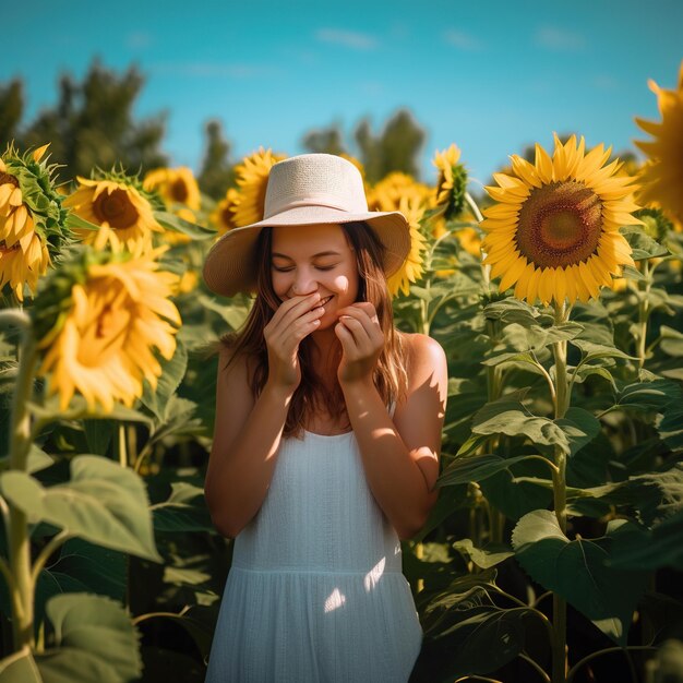 Una mujer en un campo de girasoles con un sombrero que dice 'girasoles'