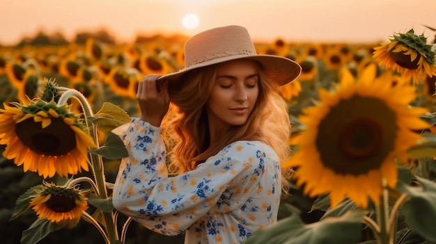 Una mujer en un campo de girasoles.