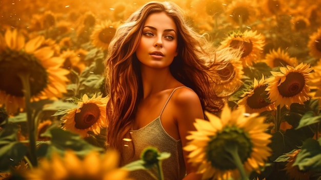 Una mujer en un campo de girasoles