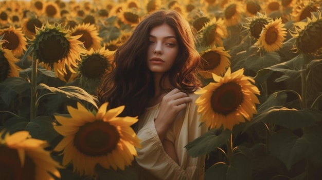 Una mujer en un campo de girasoles