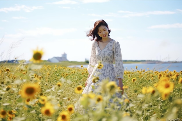 Una mujer en un campo de girasoles