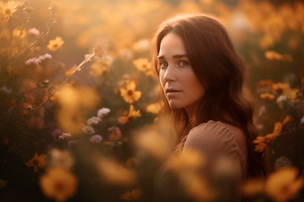 Una mujer en un campo de girasoles