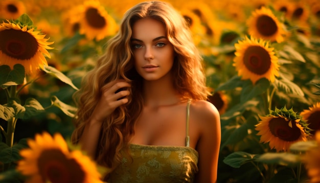 Una mujer en un campo de girasoles.