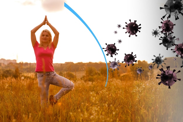 Foto mujer en el campo, ilustración de protección antivirus.