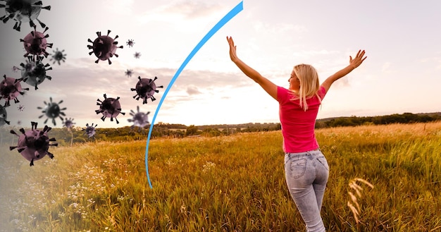 Foto mujer en el campo, ilustración de protección antivirus.