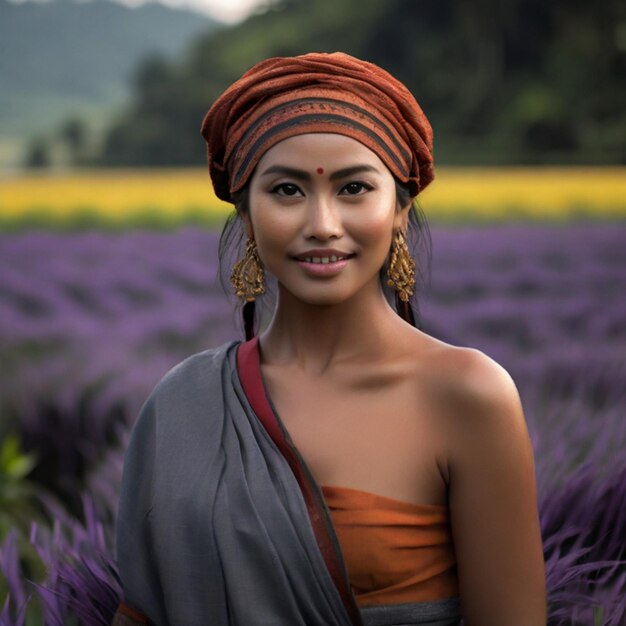 una mujer en un campo de lavanda con una montaña en el fondo